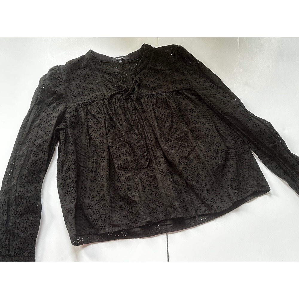 Madewell Black Eyelet Long Sleeve Tie Neck Blouse‎ Top XL Cotton Boho Floral